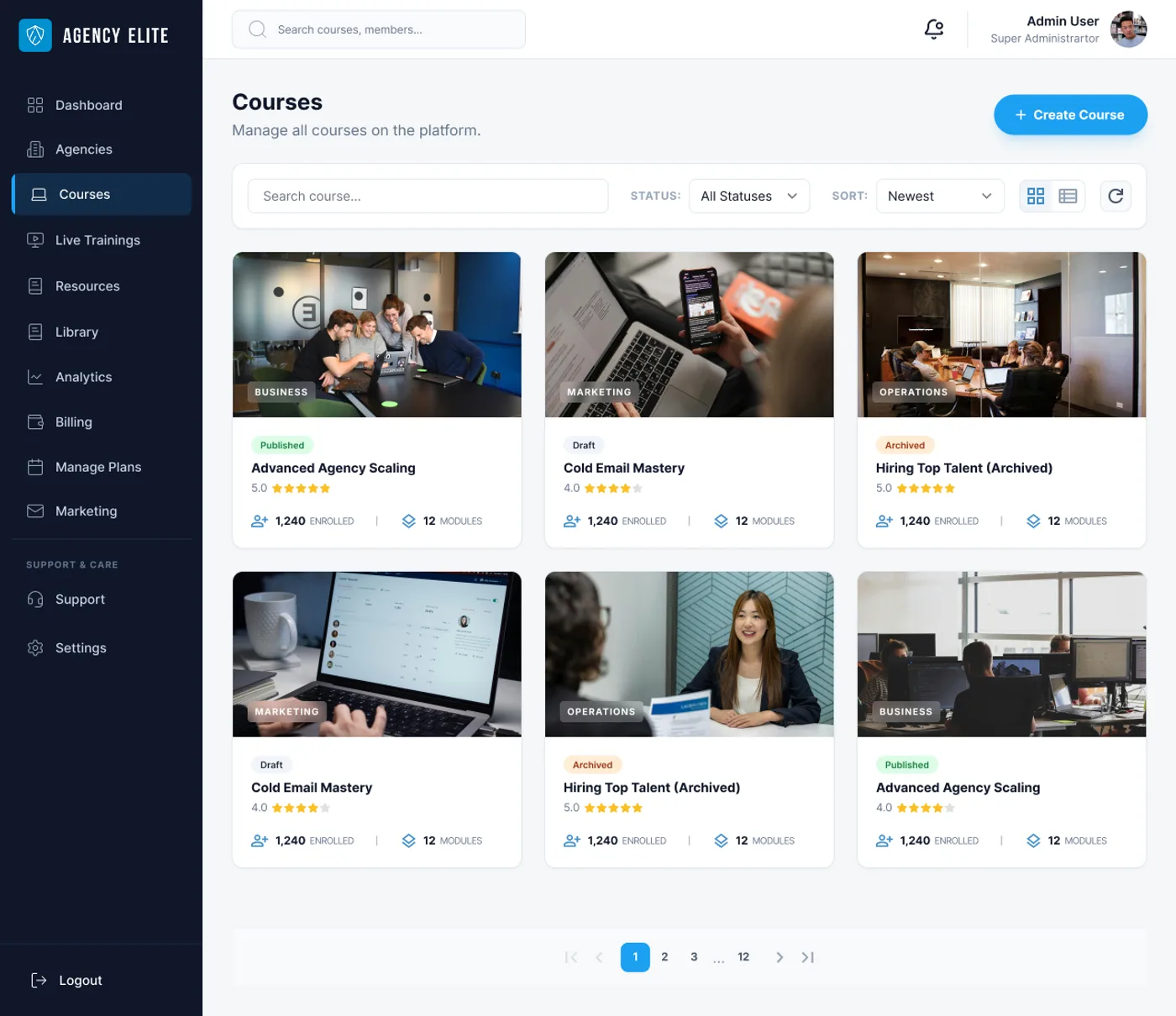Full course catalog — create, manage, and assign courses with ratings, pricing, and enrollment tracking